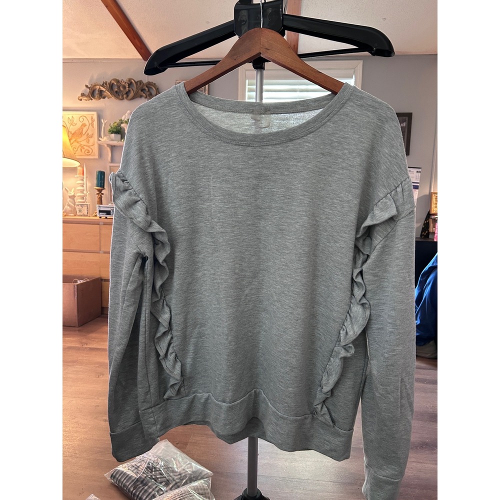 Women's Gray Long Sleeve Sweatshirt with Ruffle Detail Casual Pullover Top